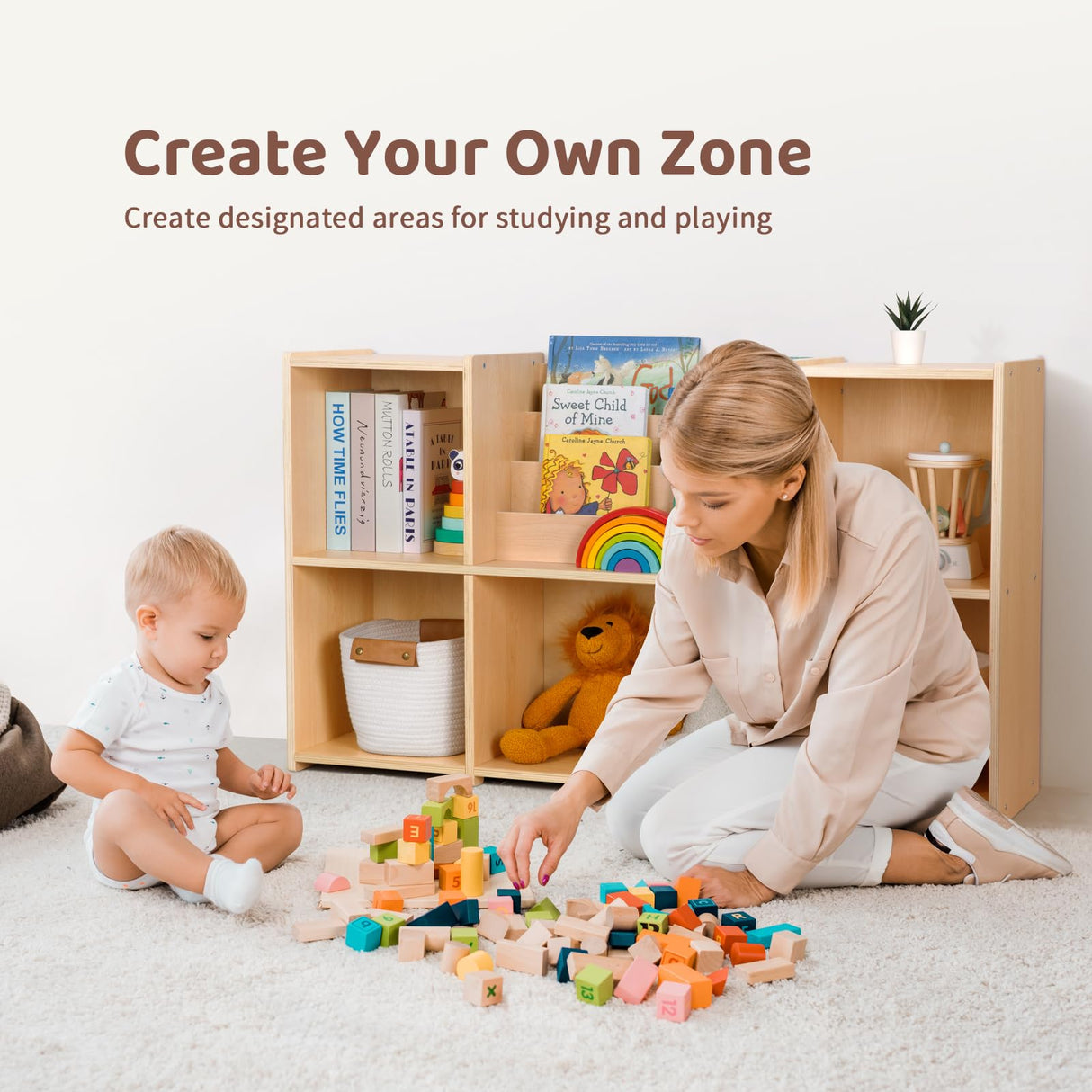 OOOK Montessori Bookshelf and Toy Storage Organizer, 2-Tier Horizontal Bookshelf, 5-Compartment Toy Storage Cabinet with Book Rack, Ideal Choice for Kids Classroom Organizer, Playroom and Daycare OOOK