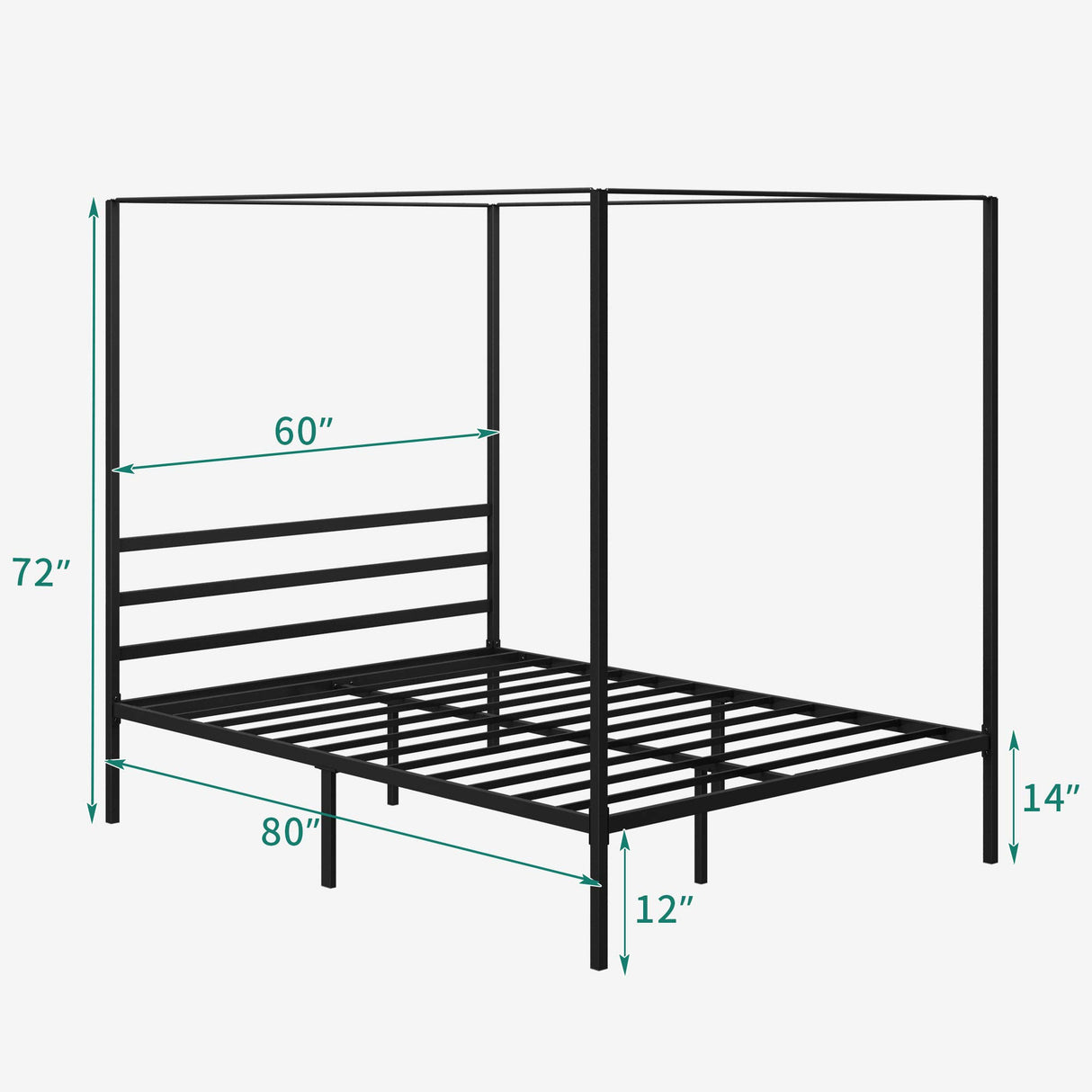 YITAHOME Canopy Bed Frame Metal Four Posters 14 Inch Platform with Built-in Headboard Strong Metal Slat Mattress Support, No Box Spring Needed, Black, Queen Size YITAHOME