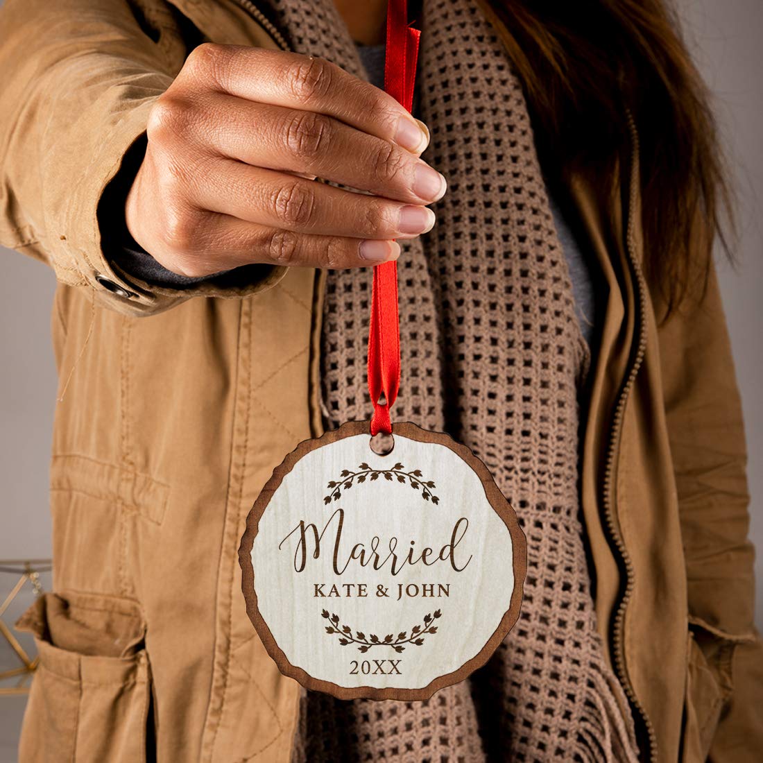 Andaz Press Personalized Wedding Engagement Real Wood Rustic Farmhouse Keepsake Christmas Ornament, Engraved Wood Slab, Married, Kate & John 2024, Rustic Laurel Leaves, 1-Pack, Custom Name Andaz Press