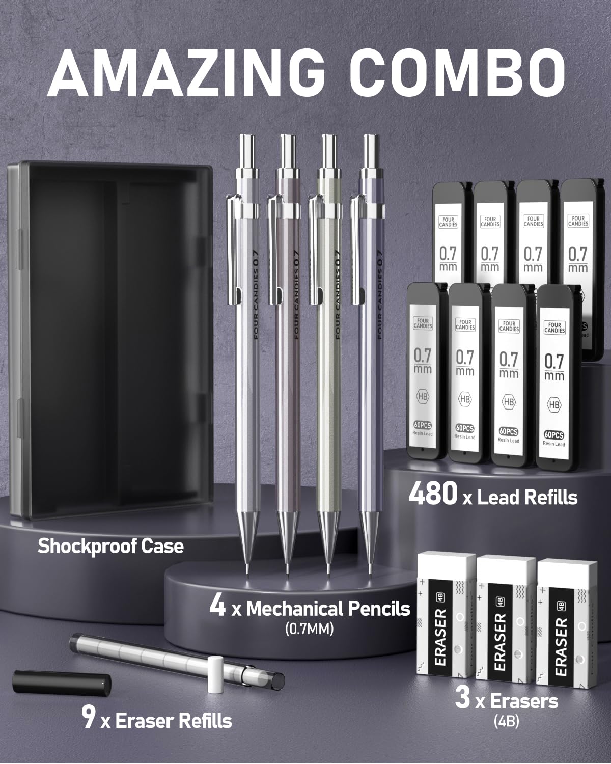 Four Candies 0.7mm Mechanical Pencil Set with Case - 4PCS Metal Mechanical Pencils, 8 Tubes HB #2 Lead Refills, 3PCS 4B Erasers and 9PCS Eraser Refills, Lead Mechanical Pencils for Writing & Drawing Four Candies
