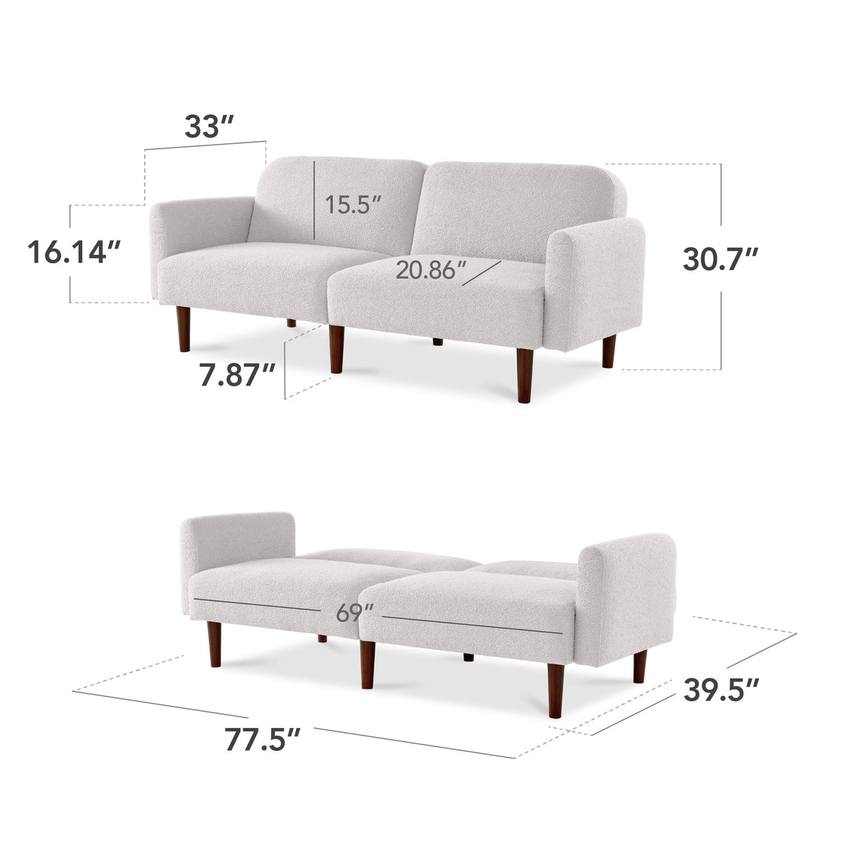 Best Choice Products 77" Mid Century Modern Boucle Loveseat Sofa, Couch, Convertible Sofa Sleeper Bed w/Real Wood, Removable Armrest - Frost Gray Best Choice Products
