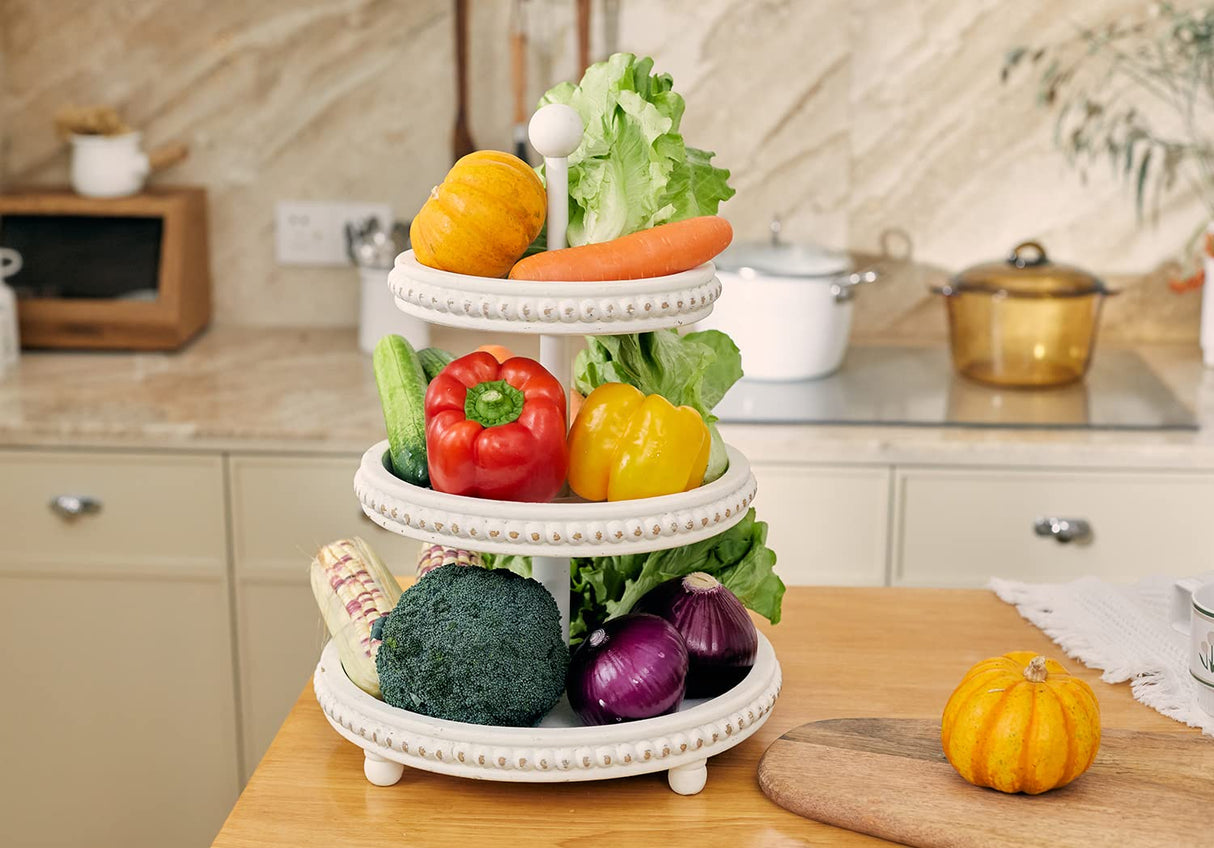 SwallowLiving Farmhouse 3 Tier Tray, White Three Tiered Tray Wood Stand with Shabby Chic Beaded for Home & Kitchen or Coffee Bar Decorations, 12.4 x 12.4 x 16.5 inchs SwallowLiving