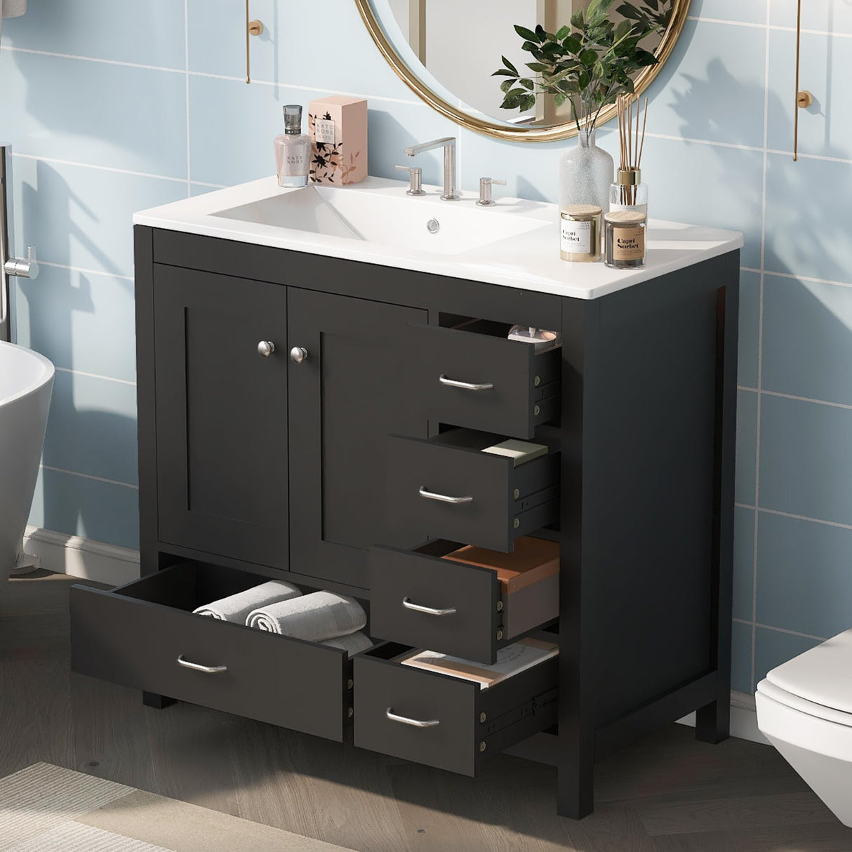 Harper & Bright Designs 36" Bathroom Vanity with Sink, Free Standing Single Basin Vanity Set with Two Doors and 5 Drawers, Solid Wood Bathroom Cabinet with Ceramic Basin for Bathroom, Black Harper & Bright Designs