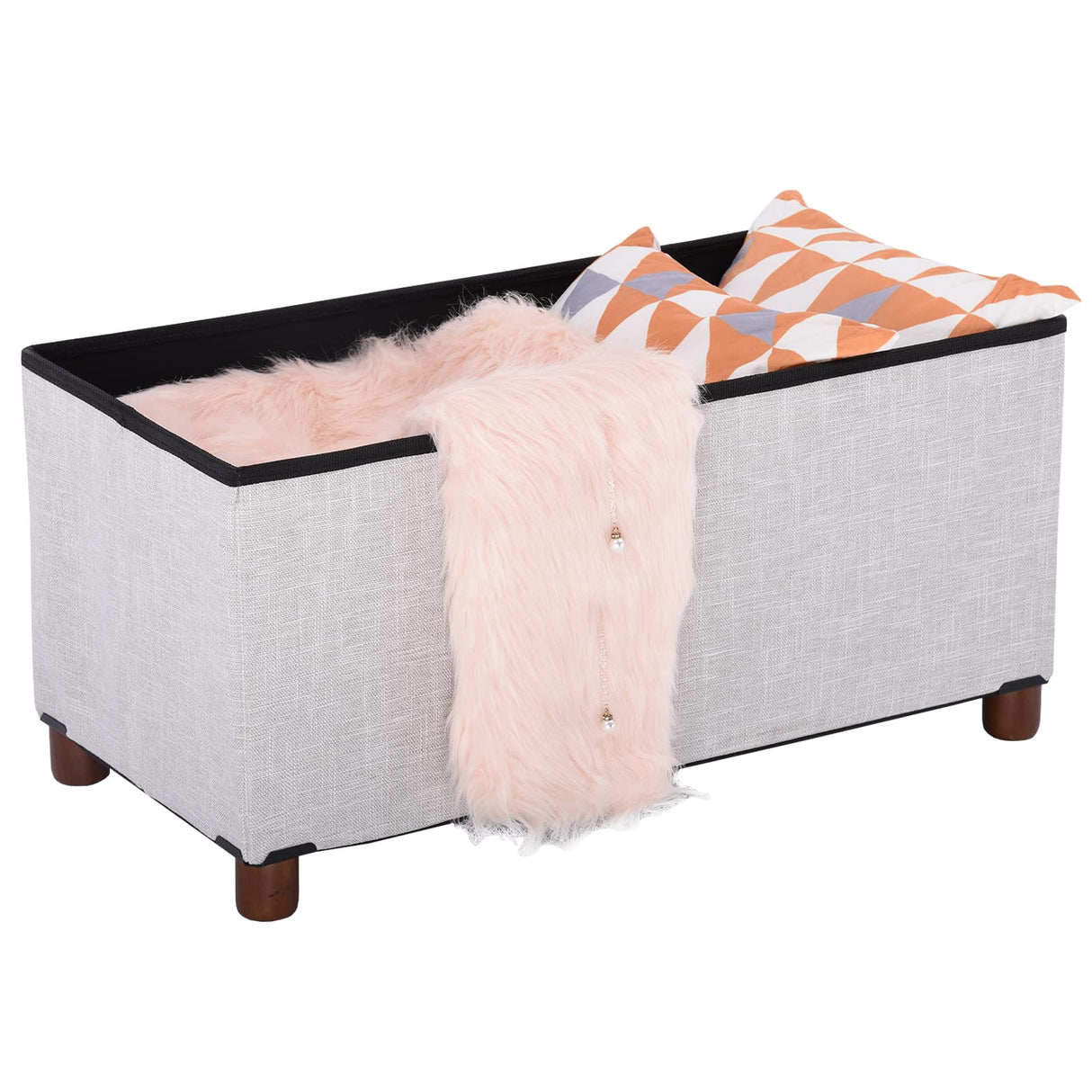 Ao Lei 30 Inches Storage Ottoman Bench with Wooden Legs for Living Room, Folding Foot Rest Removeable Lid for Bedroom End of Bed, Linen Fabric, White Ao Lei