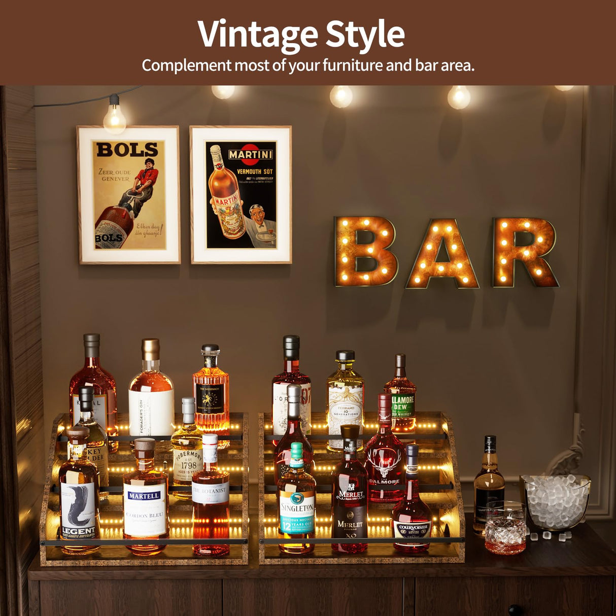 Nuovoware LED Lighted Liquor Bottle Display Shelf, 3 Step Wood Countertop Liquor Rack with Fences & Portable Handles, 12-Bottle Whiskey Rack Liquor Display Retro Wine Rack for Home Bar Party, Brown Nuovoware