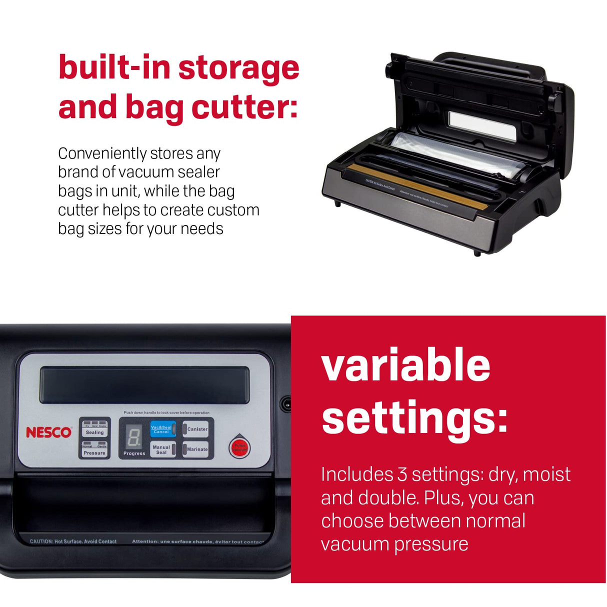 Nesco Deluxe Food VS-12 Vacuum Sealer, 130 Watts, Kit Bags & Viewing Lid, Compact, Silver Nesco