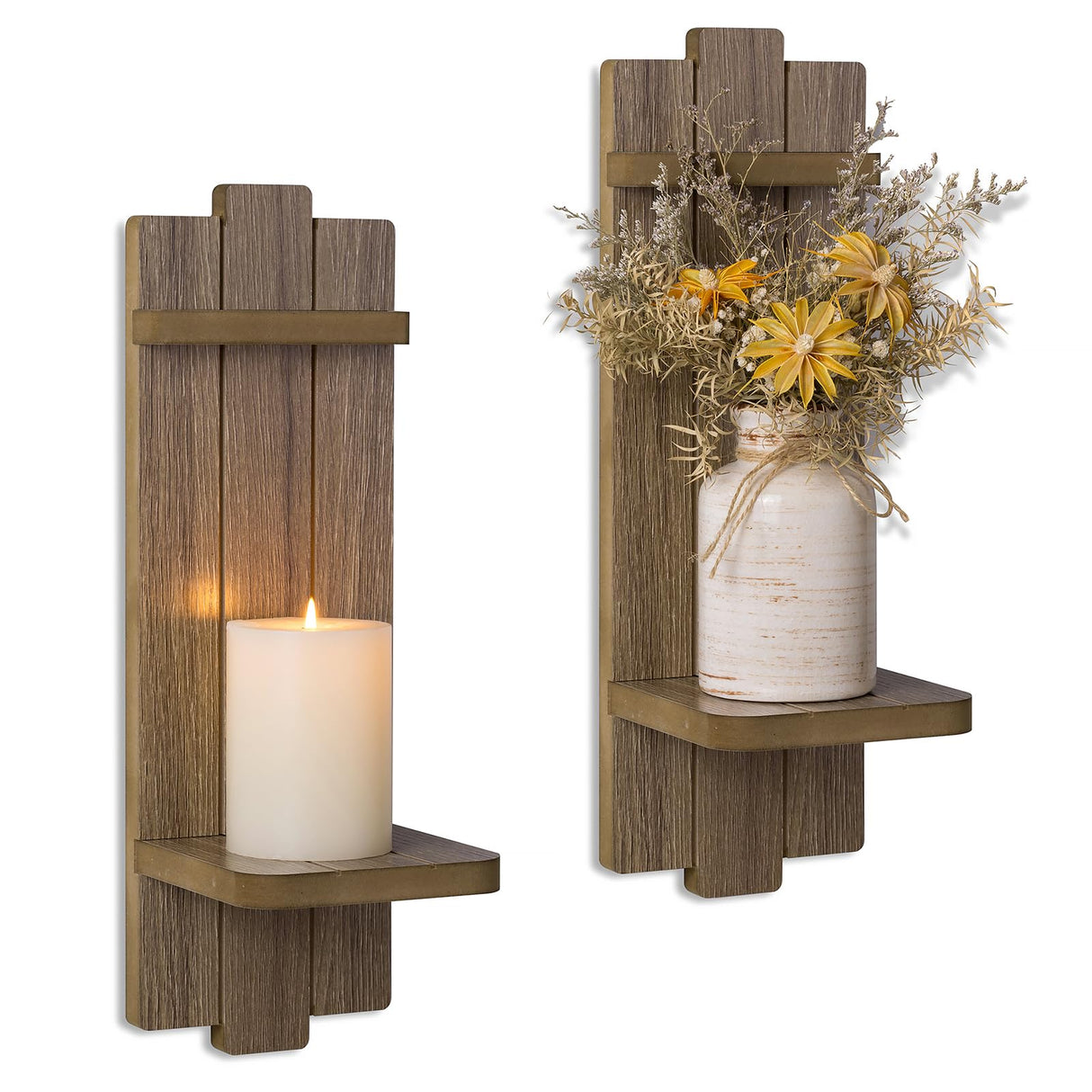 Walasis Wall Candle Holder for Farmhouse: Wood Candle Sconces Wall Decor Set of 2 - Distressed Candle Holders for Small Vase Pillar Candles Tealight Walasis