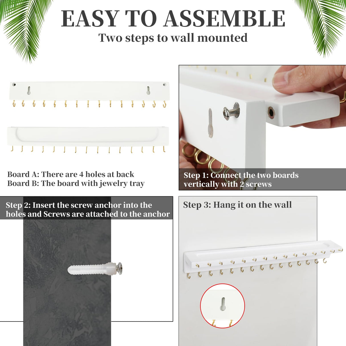 YYILIS Necklace Holder, Upgraded Extra Large Wall Necklace Organizer with 30 Hooks Wall Mounted Necklace Hanger with Jewelry Tray/Cosmetics Shelf Rustic Pine Wood Holder (White) YYILIS