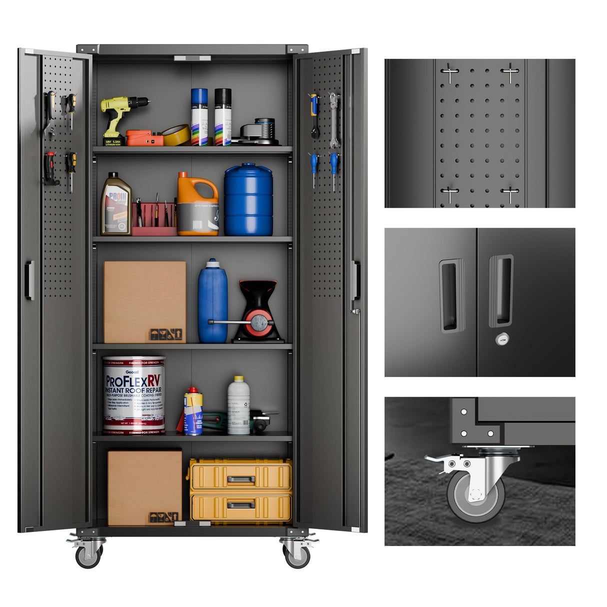 Aobabo 72" H Metal Storage Cabinet with Wheels for Garage, Locking Metal Storage Cabinet with 4 Shelves and 2 Pegboards, Rolling Tool Storage Cabinet on Wheels, Black, Assembly Required Aobabo