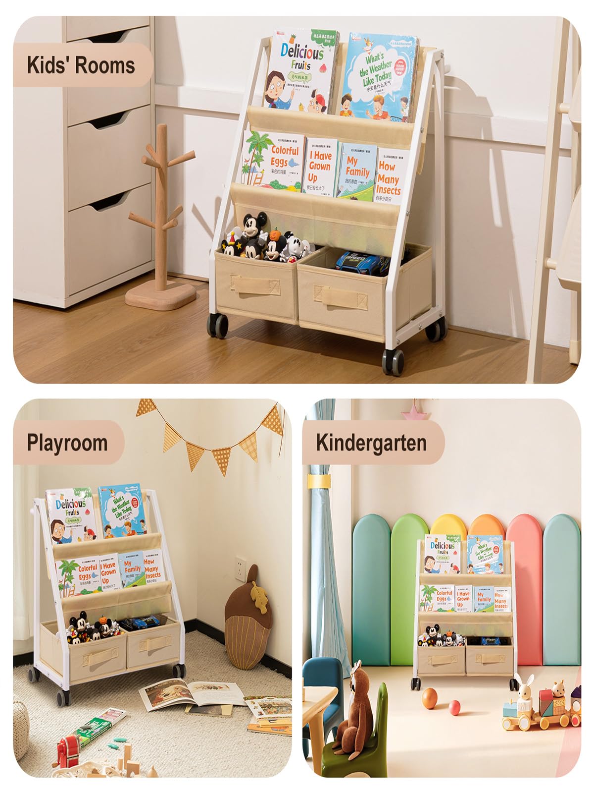 CrsaSwivo Kids Bookshelf Toy Storage - Children's Book Shelf for Kids Rooms, Toddler Bookshelf Baby Bookcase for Nursery, Montessori Toy Organizer CrsaSwivo