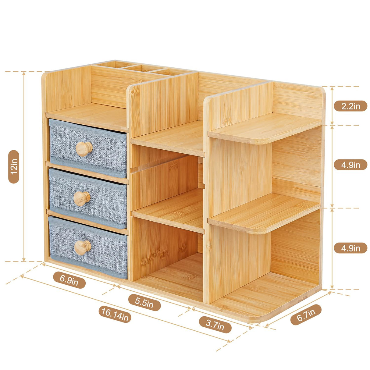 Makeup Organizer Countertop, Cosmetic Skincare Organizers With 3 Makeup Brush Holders/3 Drawers/7 Storage Shelves, Elegant Bamboo Make Up Storage Organizers Holder For Counter Vanity Dresser Bathroom X-cosrack