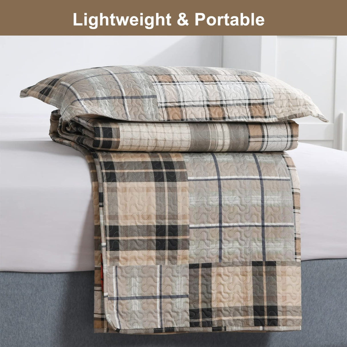 3-Piece Brown Plaid Bedspread Sets Quilts Queen Size Sets Plaid Quilts Bedding Sets Reversible Lightweight Stripe Coverlet Grid Bedding Patchwork Soft Quilt for Bed (90" x 90") CHESITY