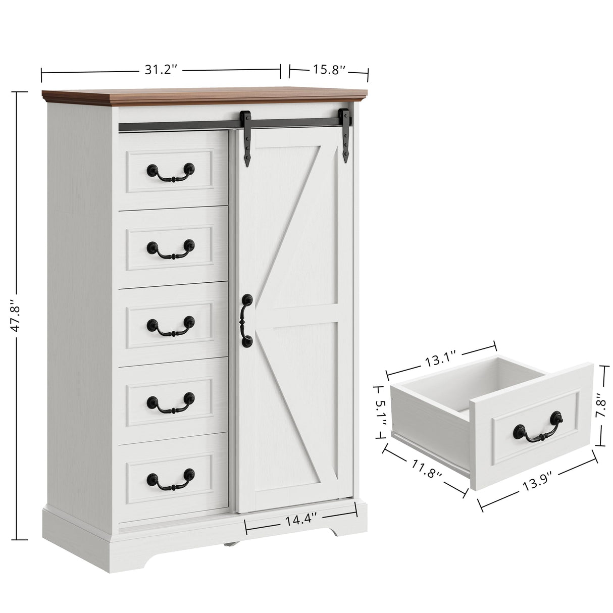 IRONCK 5 Drawers Dressers for Bedroom, Farmhouse Dresser Chest of Drawer with Sliding Barn Door,48” Tall Dresser Storage Organizer for Living Room, Entryway, White/Walnut IRONCK