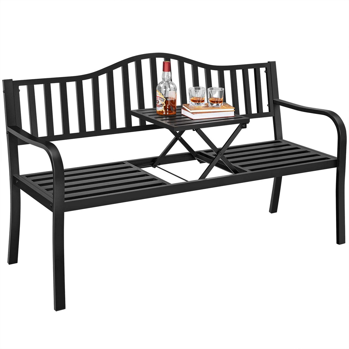 Yaheetech Outdoor Garden Bench w/Pullout Middle Table, Metal Patio Bench, Front Porch for Backyard, Weather-Resistant Frame, Patio Seating for 2-3 Person, Black Yaheetech