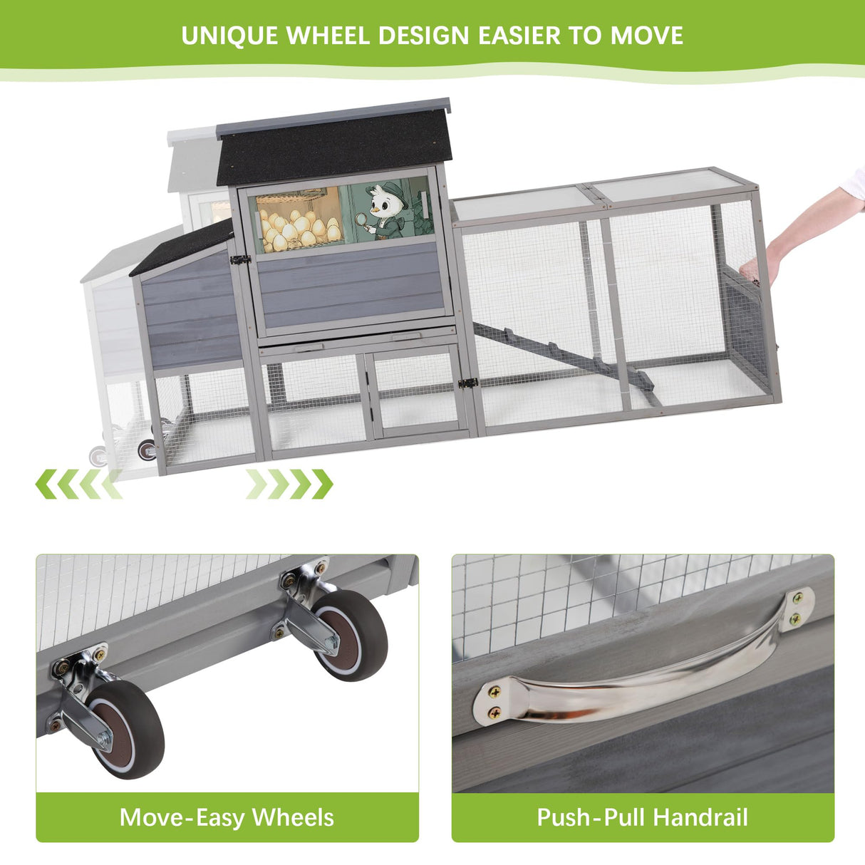 COZIWOW 82" Large Wooden Chicken Coop, Outdoor Rabbit Hutch with Wheels, Sunshine Board, Asphalt Roof, Ramp, Openable Top, Door, Window, Pull-Out Tray, Indoor Bunny Cage (Gray with Pattern) COZIWOW