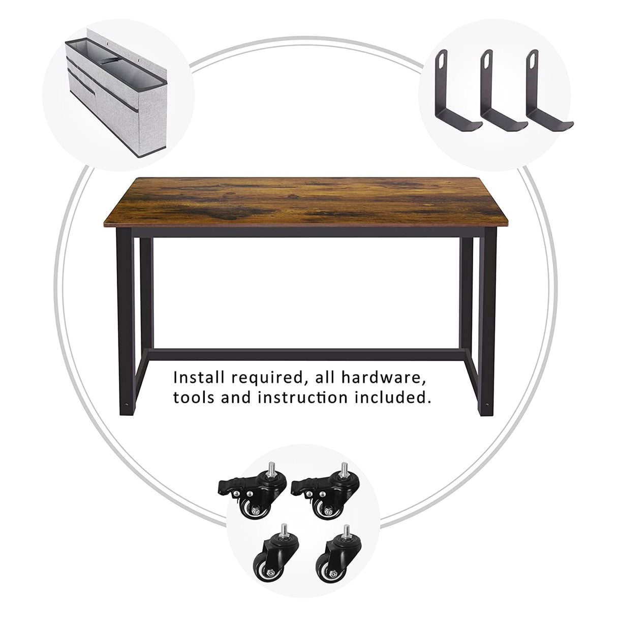 AHB 47" Rolling Computer Desk with 4 Smooth Wheels and 3 Iron Hooks, Simple Style Mobile Writing Desk Home Office Study Table Movable Workstation with Metal Frame AHB