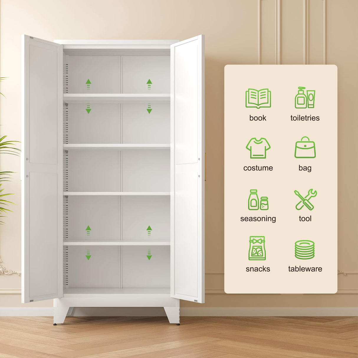 Washsemba 71'' Farmhouse Metal Storage Cabinet with Barn Doors,Steel File Cabinet for Home Office,Kitchen Pantry 4 Adjustable Shelves,Freestanding Cupboard for Kitchen,for Home Office,School (White) Washsemba