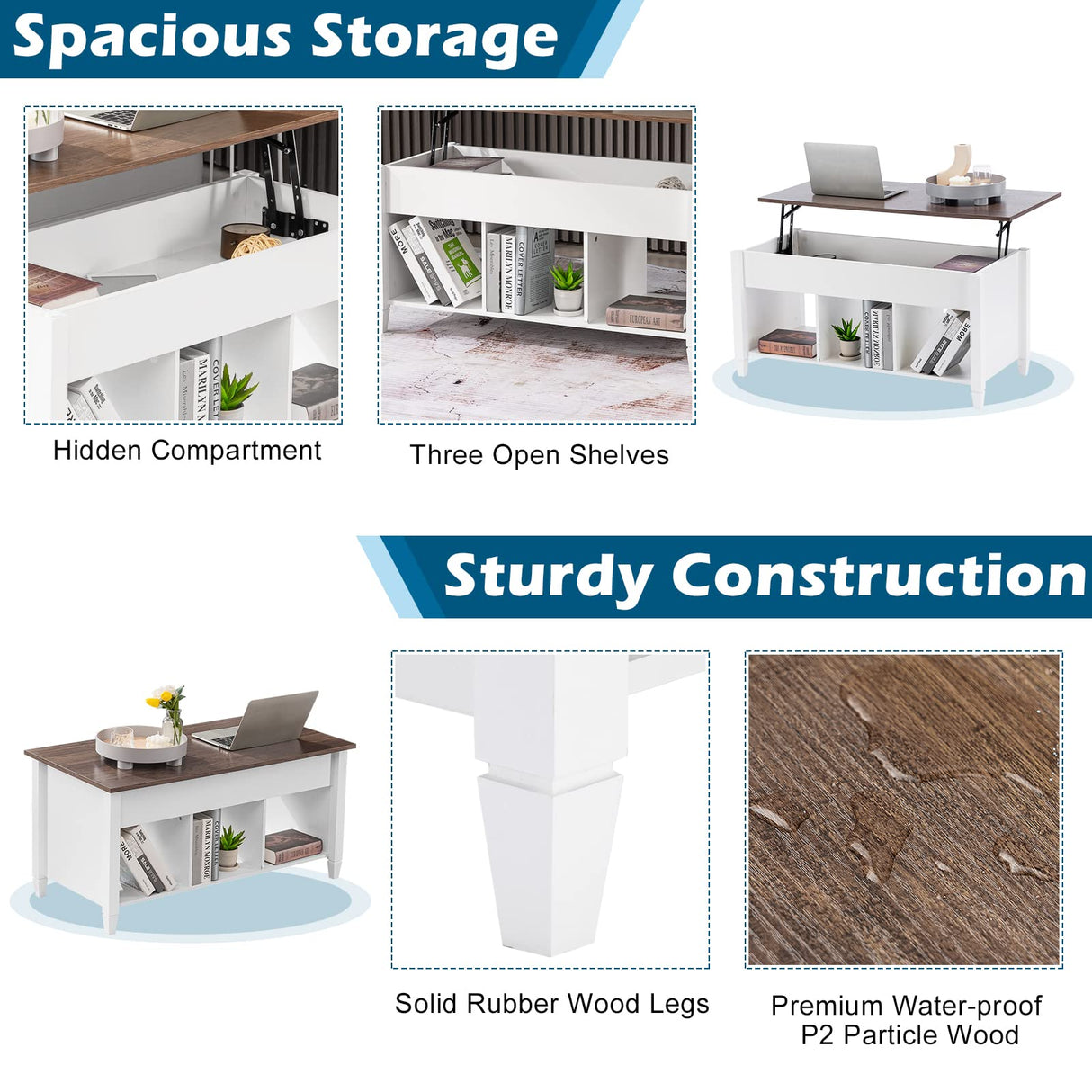 VINGLI Lift Top Coffee Table, White, with Storage Shelf/Hidden Compartment, Gas Lift Mesa De Centro para Sala Pop Up Coffee Table VINGLI