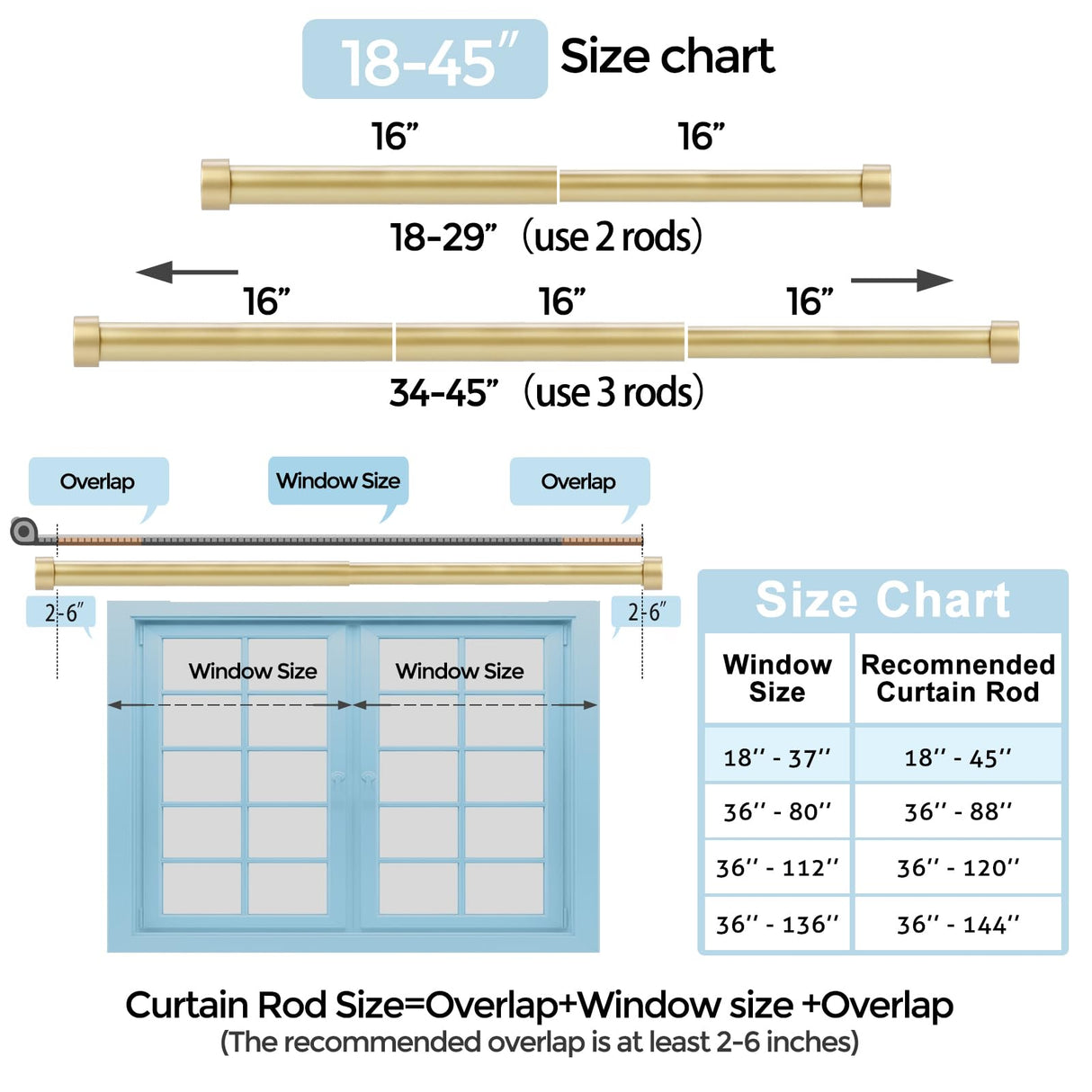 VOIIY Gold Curtain Rods for Windows 18 to 45 Inch(1.5-3.75 Feet),1" Diameter Drapery Rods with Modern Style End Cap Finials,Size:18-45 Inch VOIIY