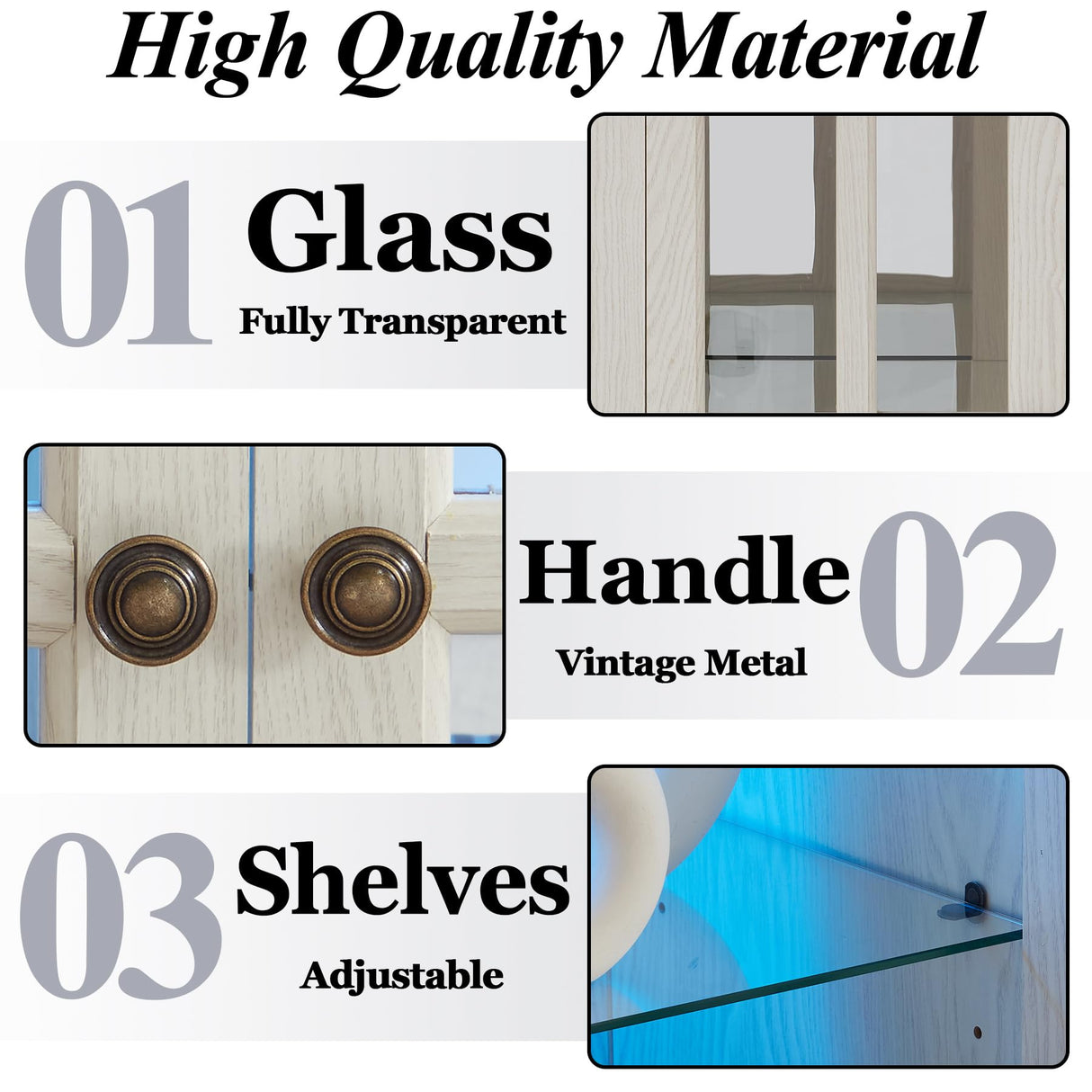 HRVEOCEI Lighted Curio Cabinets with Glass Doors,Wide Curio Display Cabinet with Lights, Farmhouse Glass Display Cabinet with Adjustable Shelves,Grid Design (Wide, White) HRVEOCEI