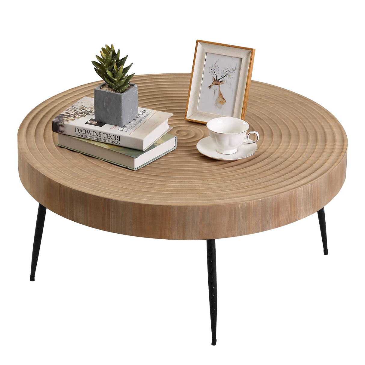 RUSTOWN Farmhouse Round Coffee Table Set of 2, Cocktail Table Set, Modern Circle Natural Wood Finsh Side and End Table Sets for Living Room(Helical, Natural) RUSTOWN