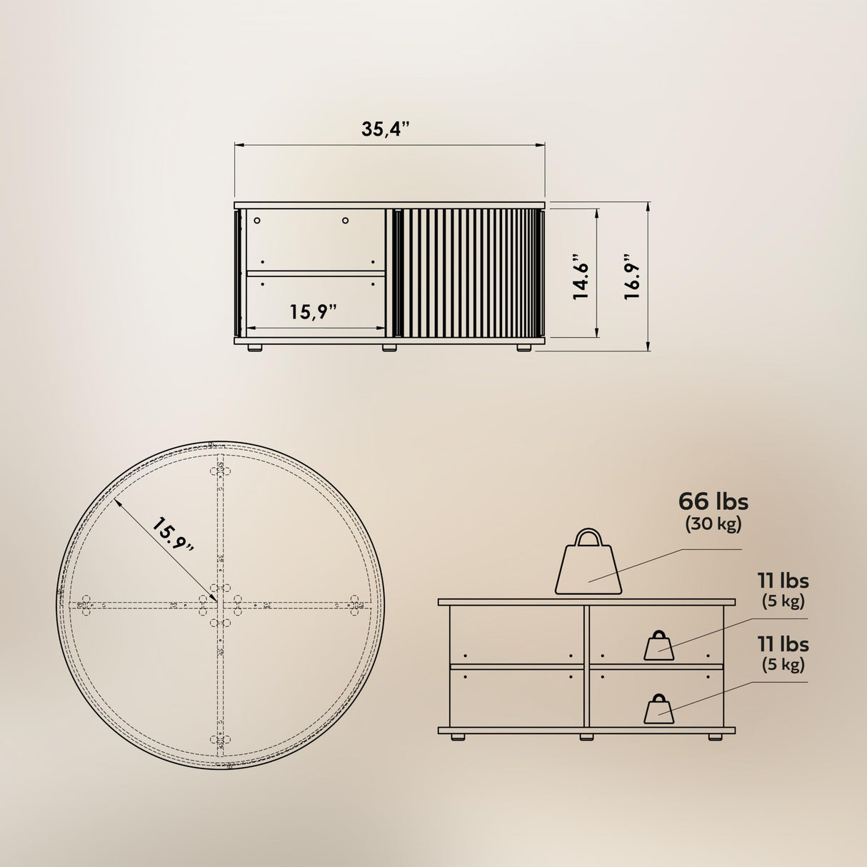 WERMO 35'' Round Coffee Table with Storage and Shelves - Round Center Table for Living Room and Office. Wood Mid Century Modern Coffee Tables for Living Room (Oak) WERMO