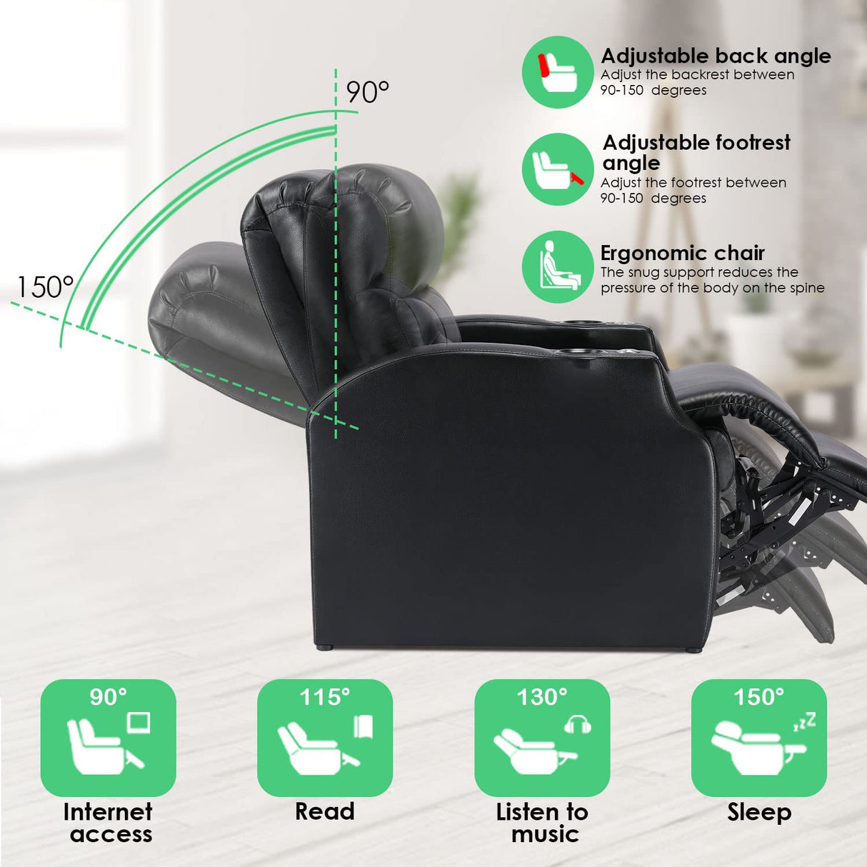 Hasaky Leather Home Theater Seating Recliner Chair with Power Footrest Single Sofa for Movie Room & Living Room Single Chair Black Hasaky