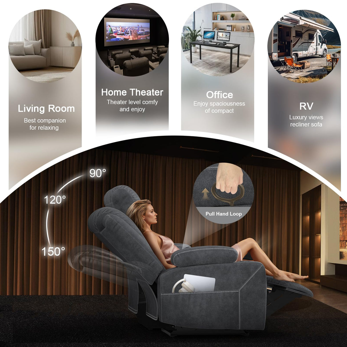 Recliner Sofa 3 Seater Sofa with Recliner, Home Theater Seating with Liftable Console & Removable Armrest, Manual Velvet Fabric Reclining Couch with Cup Holders & USB Ports for Living Room/RV (Grey) MOSGAT
