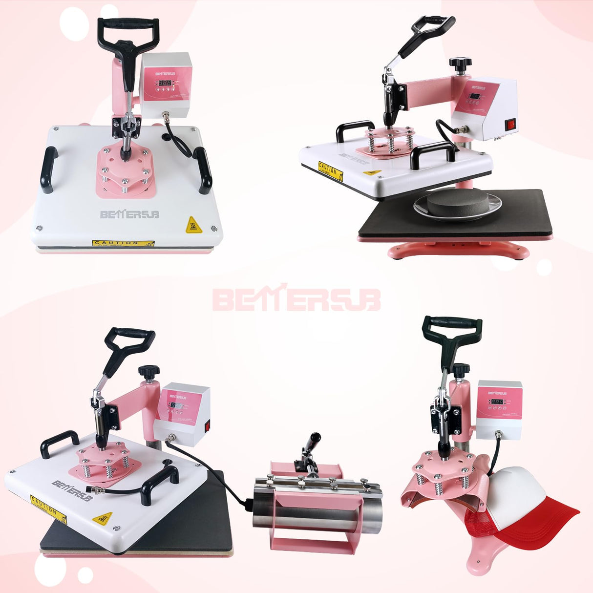 BetterSub Combo 5 in 1 12‘’ x15‘’ Heat Press Machine for T-Shirt 20/30oz Tumbler Heat Press Hat Plate Cap Printing Heat Transfer Digital Industrial-Quality Sublimation Machine 360 Degree Swivel Pink BetterSub