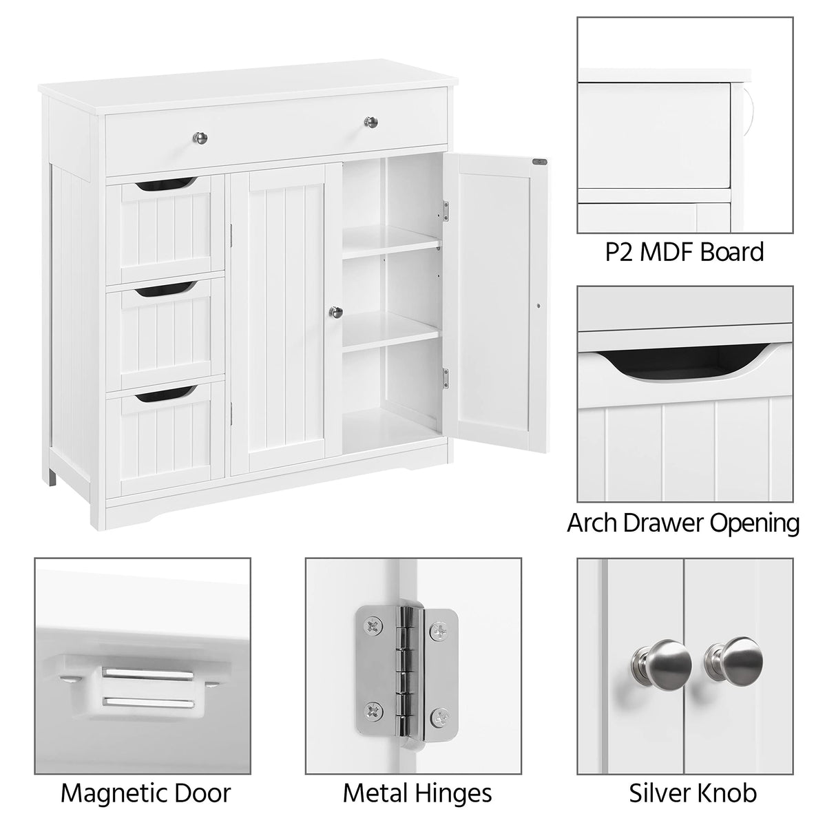 Yaheetech Bathroom Floor Cabinet, Large Storage Space Wooden Organizer with 1 Big Drawer, 3 Small Drawers & 2 Doors, Free-Standing Cupboard for Kitchen/Living Room/Bathroom Use, White Yaheetech