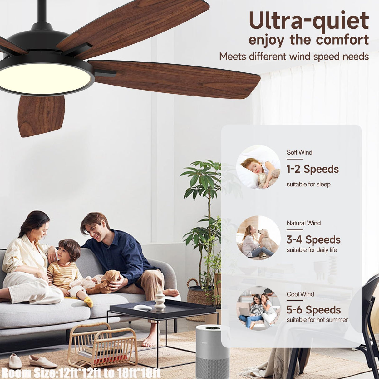Roomratv 52 Inch Smart Ceiling Fan with Light,App Control,Ultra Silent Reversible DC Motor Fan Remote Control Compatible with Alexa Google Assistant(Black) Roomratv