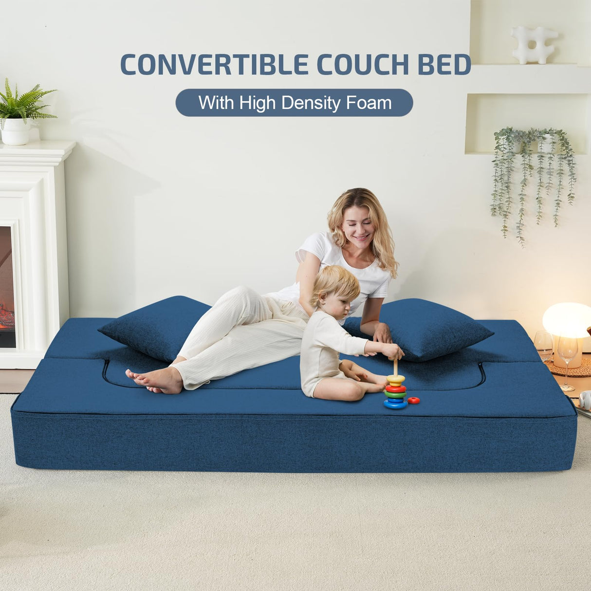 SUYOLS 2-in-1 Convertible Couch Bed with 2 Pillows - Folding Floor Couch & Sleeping Mattress - Washable Cover & Memory Foam Sleeper for Living Room/Guest Room/Home Office/Van Trip, Twin, Navy Blue SUYOLS