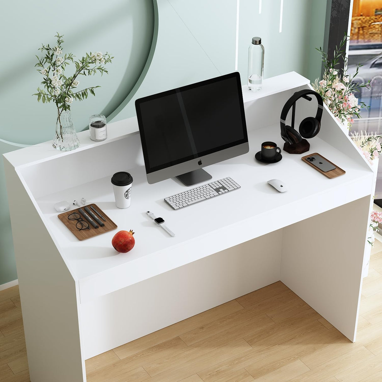 ROMSHINE Reception Desk with Counter, Modern Front Desk Reception Room Table, 47.2 inch Checkout Counter Table for Lobbies, Salons, Retail, White with Black Stripe Decor ROMSHINE