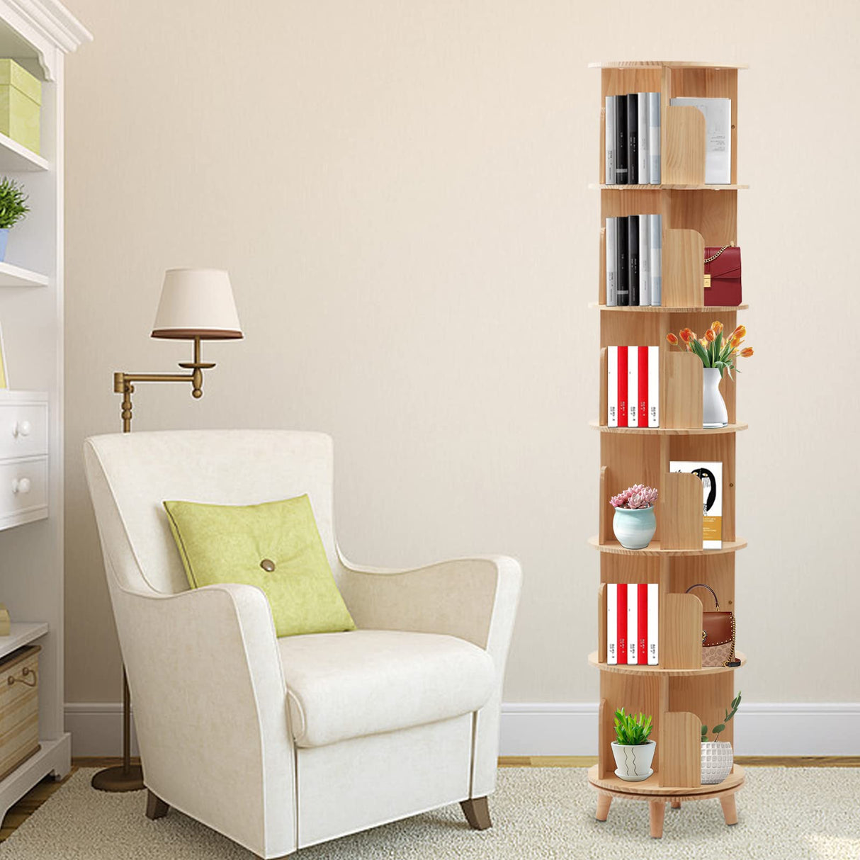 SHATUOA 360° Rotating Wood Narrow Bookshelf Organizer with 6 Tiers for Versatile Storage SHATUOA