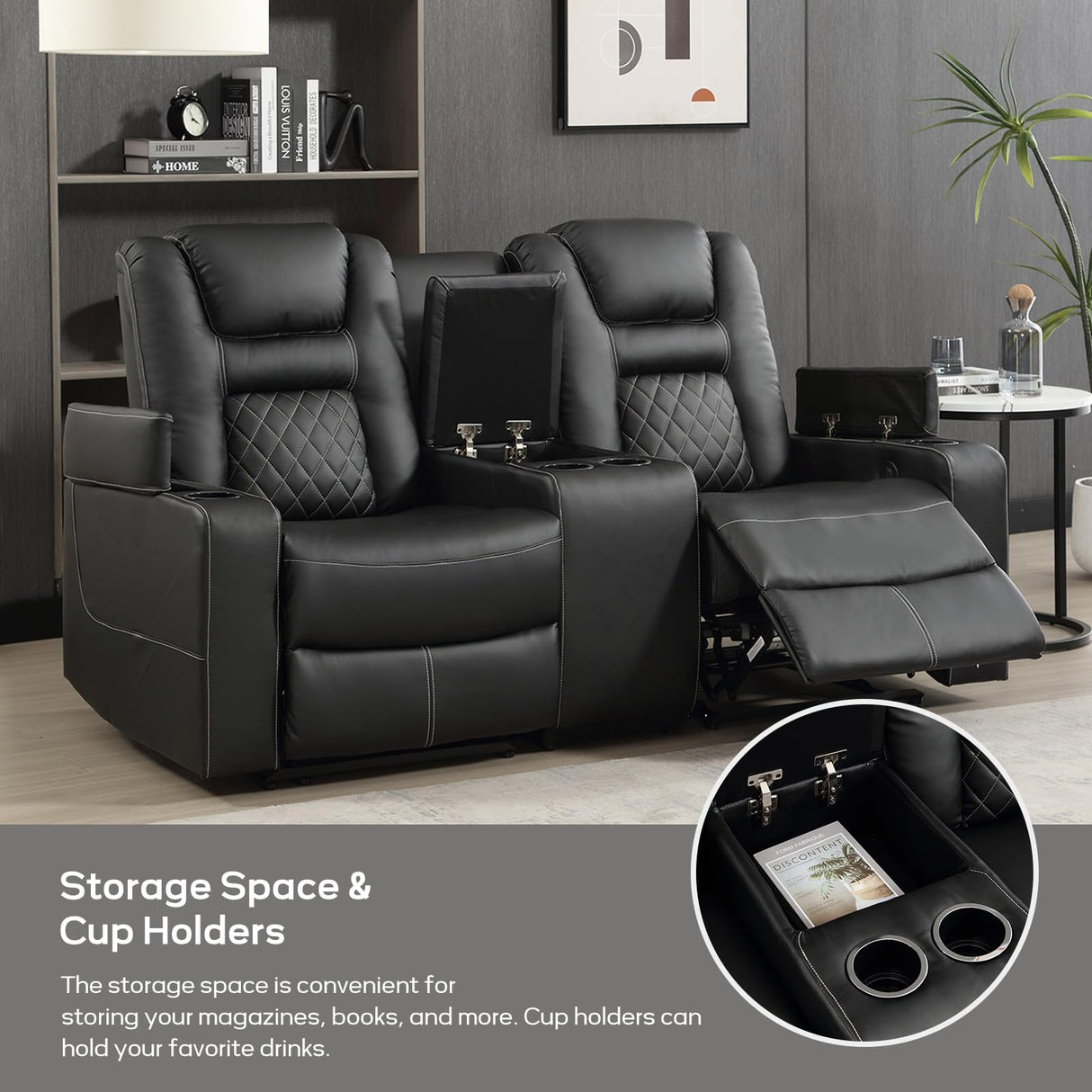 EBELLO Home Theater Seats, Faux Leather Movie Daul Recliner Chair with Console, Power Gaming Loveseat Sofa with Cup Holders and USB Charge EBELLO
