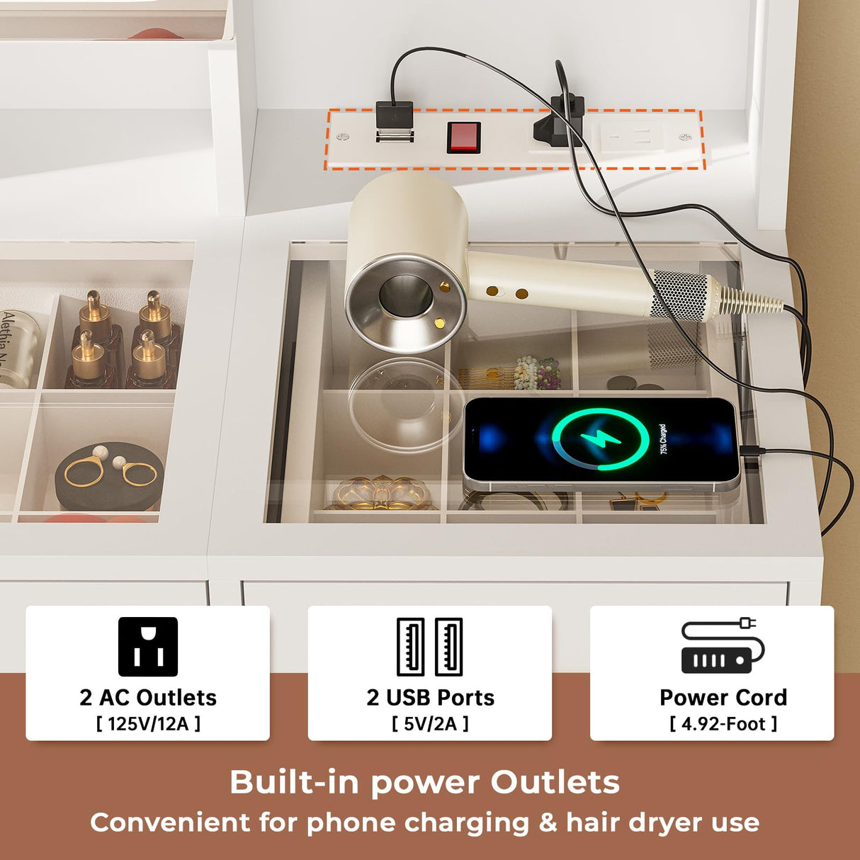 Vanity Desk with Openable Mirror and Lights, Glass Tabletop Makeup Vanity Set with Charging Station, White Vanity Table with 3 Drawers & 2 Cabinets, DIY Drawer Dividers, Hidden Hooks VIAGDO