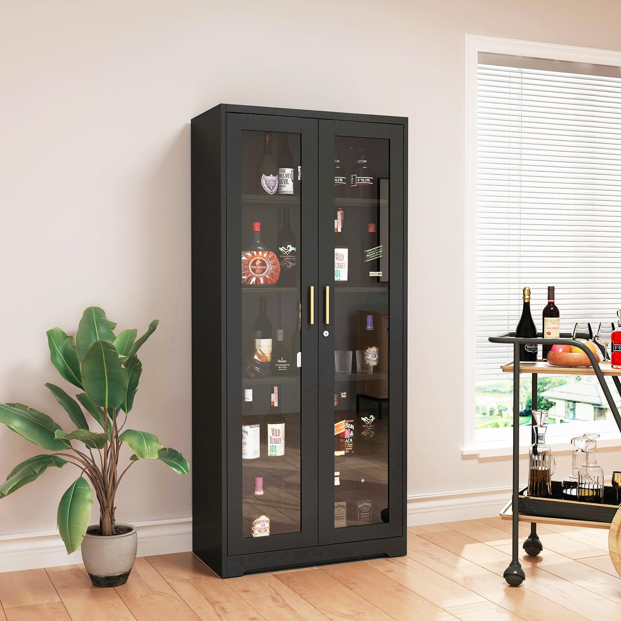 71" Tall Black Locking Cabinet, Metal Storage Cabinet with Glass Doors, Glass Display Cabinet, Curio Cabinet with 4 Adjustable Shelves, Cabinet for Home Office, Kitchen, Living Room- Assembly Required MetalMax