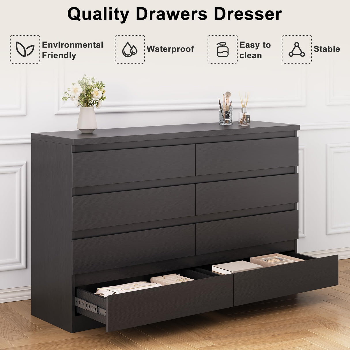 Jocoevol Modern Black 8 Drawer Dresser for Bedroom, 15.3" D x 55.2" W x 32.3" H Simply Chest of Drawers, Wood Storage Dresser with Deep Drawers for Living Room Hallway Entryway, Black Jocoevol