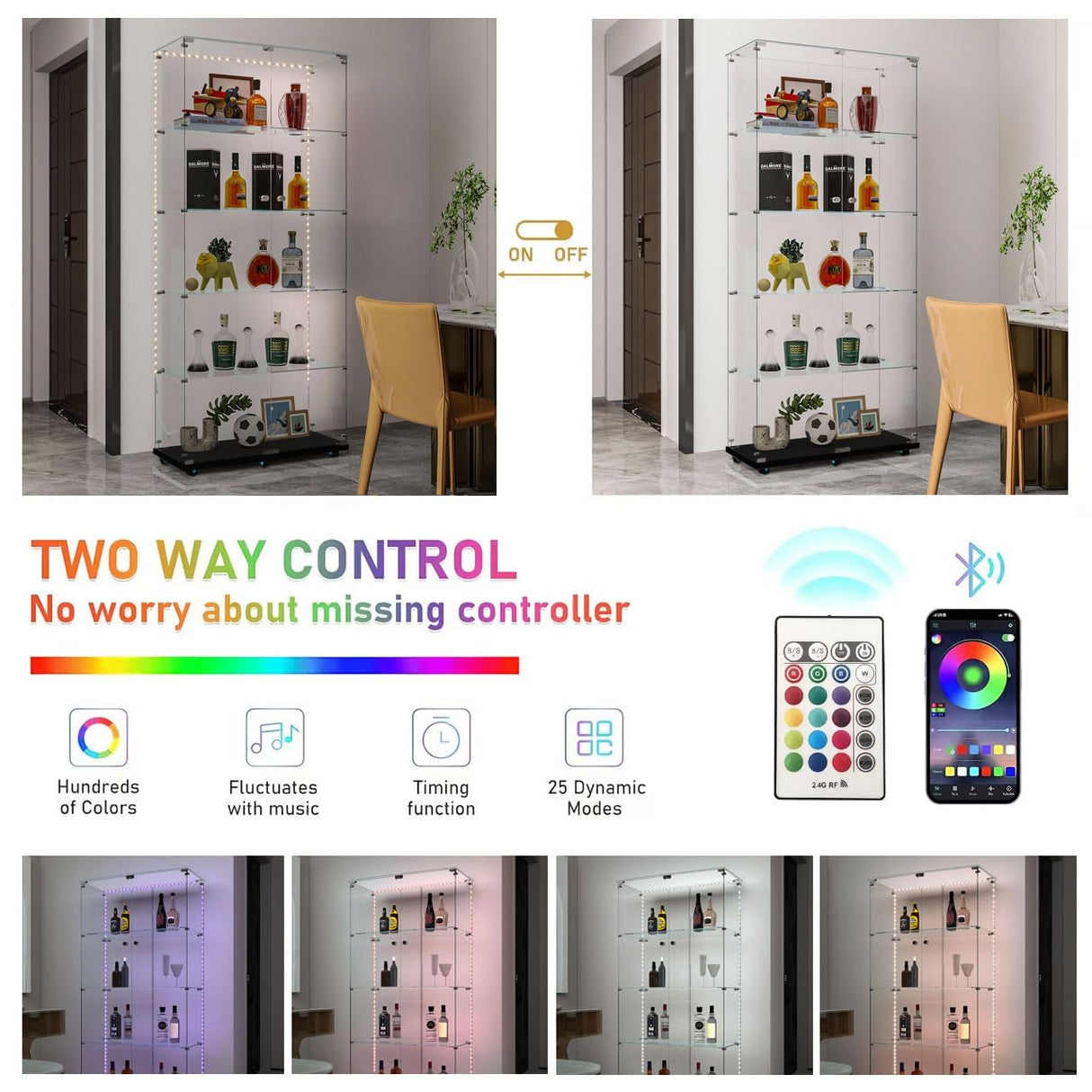 74.61" Tall Glass Display Cabinet with LED Lights&Rolling Wheels, Curio Glass Cabinet with 5 Shelves with 2 Door, Quick-Install Style Floor Standing Bookshelf File Cabinet for Home Office Kootlena