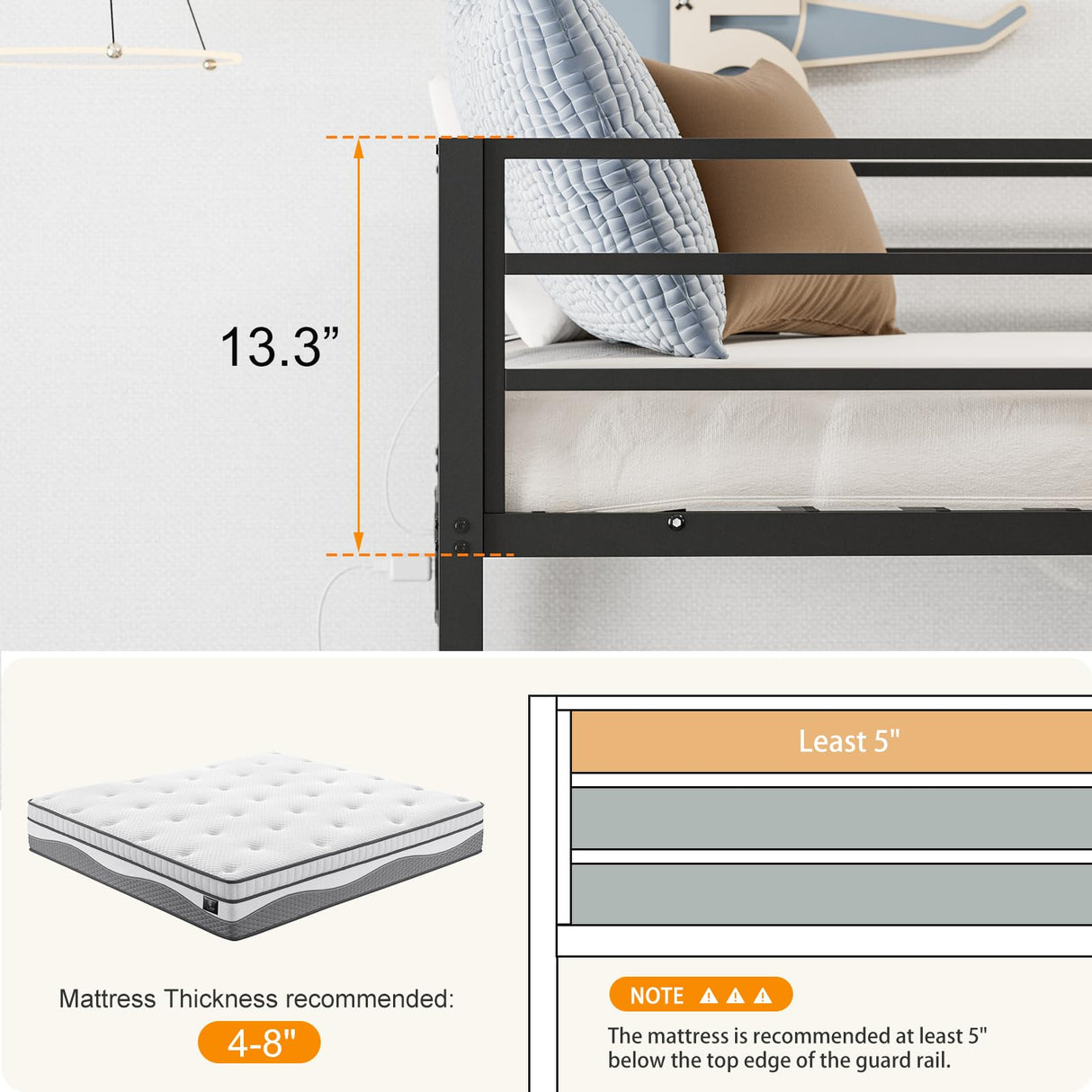 IKIFLY Full Over Full Bunk Beds with LED Lights and Charging Station, Heavy Duty Metal Full Size Bunk Bed Frame, Safety Guardrail & 2 Ladders, Space-Saving Design, No Box Spring Needed, Black IKIFLY