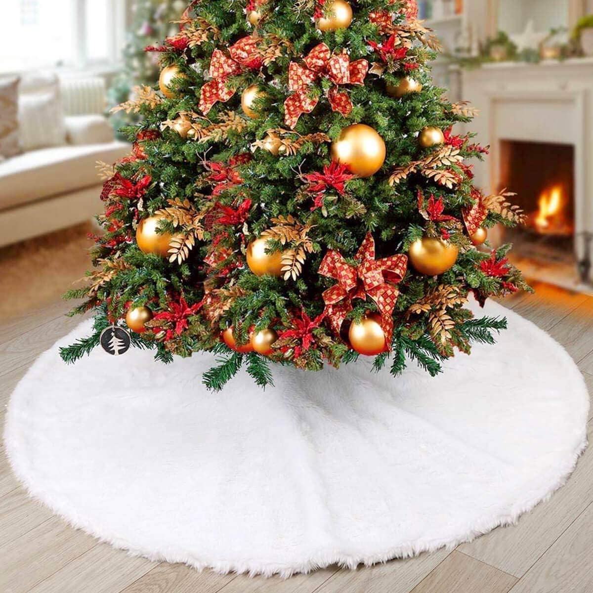 YEAHOME Christmas Tree Skirt, 48 Inch White Soft Faux Fur Tree Skirts Plush Christmas Decorations, White Ornaments Christmas Tree Skirts Xmas Decorations Indoor Holiday Party Decor YEAHOME