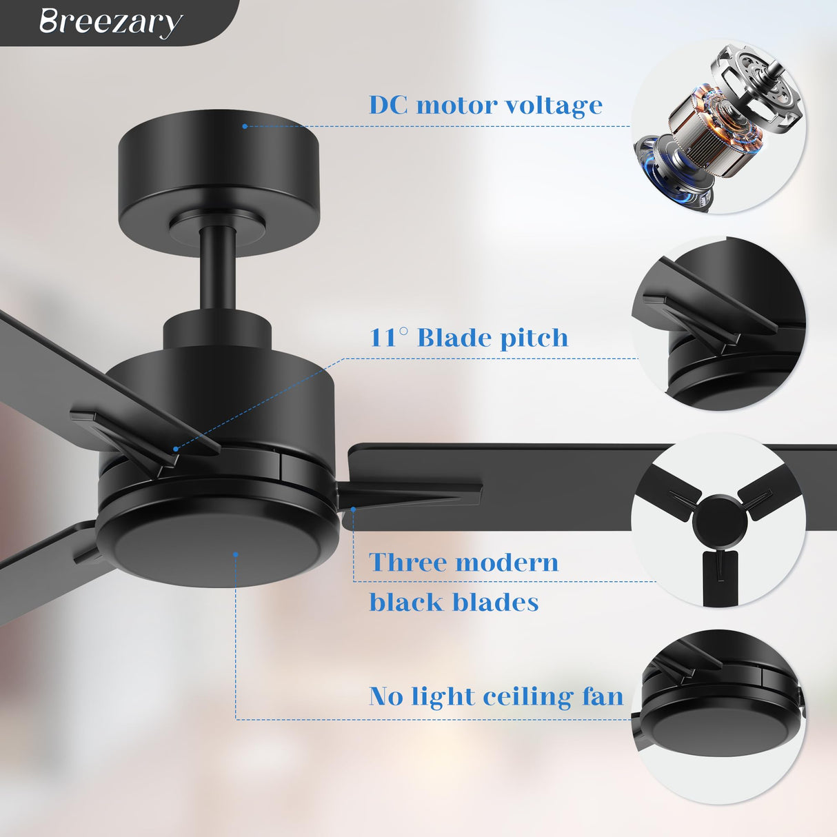 Breezary 48 inch Industrial Ceiling Fans without Lights Remote Control, 6-Speed, Reversible DC Motor, 3 Blades, Modern Indoor/Outdoor Ceiling Fan No Light for Patio Home Office, Black Breezary