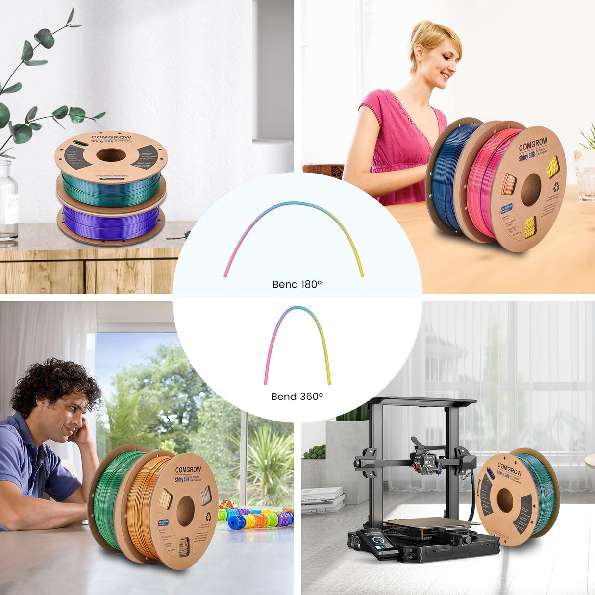 Comgrow Tri-Colors Silk PLA 3D Printer Filament, Rainbow PLA Filament 1.75mm, Dimensional Accuracy +/- 0.02 mm, 1KG Spool, Coextrusion 3D Filament with Shiny Silk Red-Blue-Yellow Comgrow