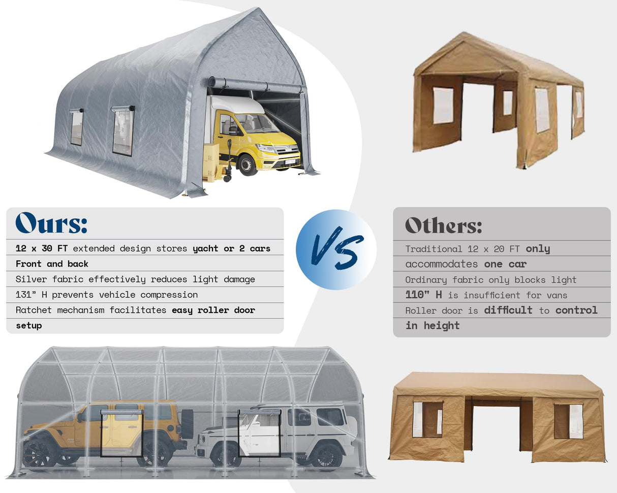 AMERLIFE 12 x 30 FT Walnut-Shaped Carport with Galvanized Frame, Roll-Up Doors & Mesh Windows, Heavy Duty Outdoor Canopy with Reinforced Ground Stacks, for Truck & Boat, Silver Gray AMERLIFE