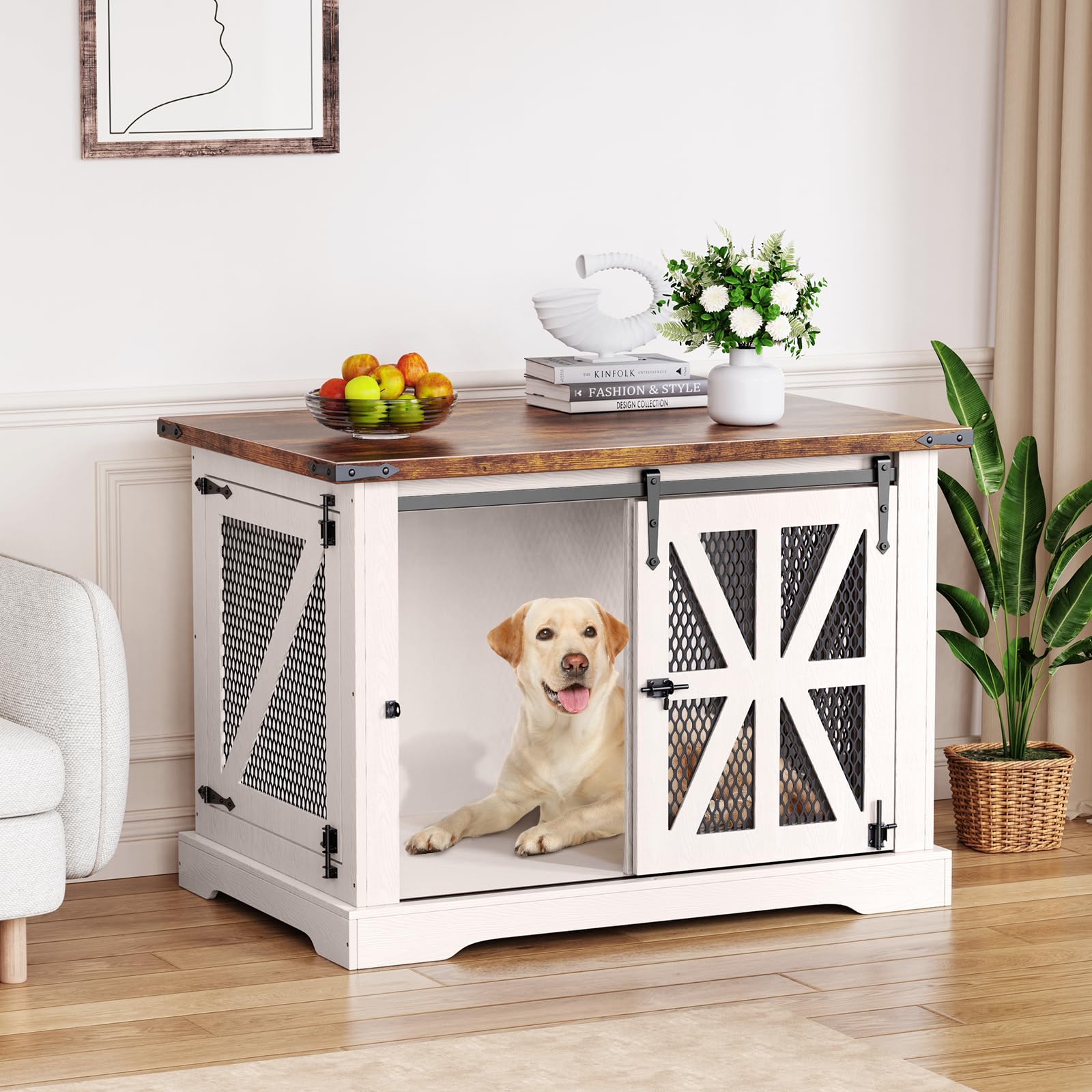 VOPEAK Farmhouse Dog Crate Furniture Heavy Duty Large Dog Crate for Medium Large Dogs XL Dog Crate Dog Kennel Indoor with Double Doors Chew Resistant End Table for Bedroom Living Room White