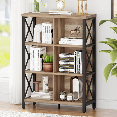 FATORRI Rustic 6 Cube Storage Organizer Shelf, Wood and Metal Cubby Bookcase, Industrial 4 Tier Cube Bookshelf (Rustic Oak)