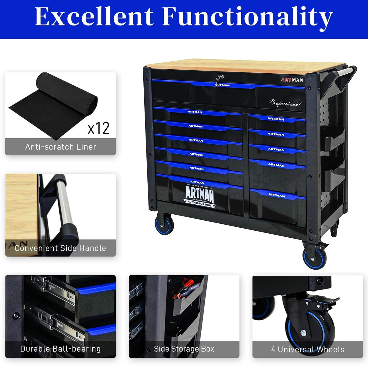 WTRAVEL Heavy Duty Rolling Tool Chest with 12-Drawer Tool Cart Mechanic Tool Box with Wheels Tool Storage Cabinet Mobile Workbench Tool Bench for Garage, Workshop, Warehouse, Repair Shop, Wood Top WTRAVEL