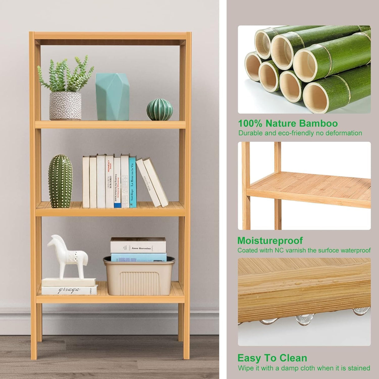FoverOne 4 Tier Bamboo Shelf, Freestanding Book Shelf Bookcase Storage Rack for Bathroom Kitchen Living Room FoverOne