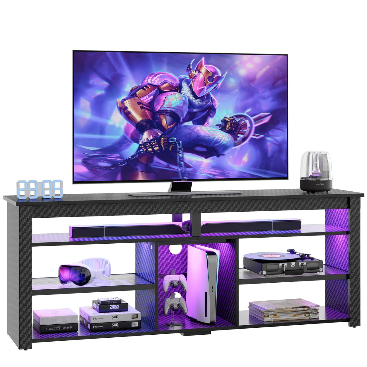 Bestier TV Stand for 70 inch TV, Tall Entertainment Center with 2 Led Lights, Gaming TV Console with Storage for PS5, Modern TV Cabinet for Bedroom, Living Room, Black Carbon Fiber Bestier