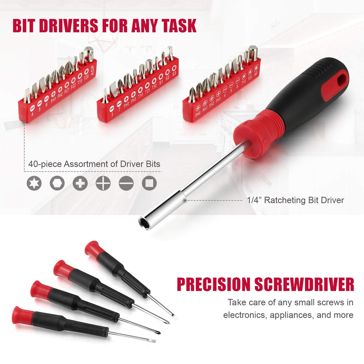 Eastvolt 128-Piece Home Repair Tool Set, Tool Sets for Homeowners, General Household Hand Tool Set with Storage Toolbox, EVHT12801, Black + Red (ASK01) Eastvolt